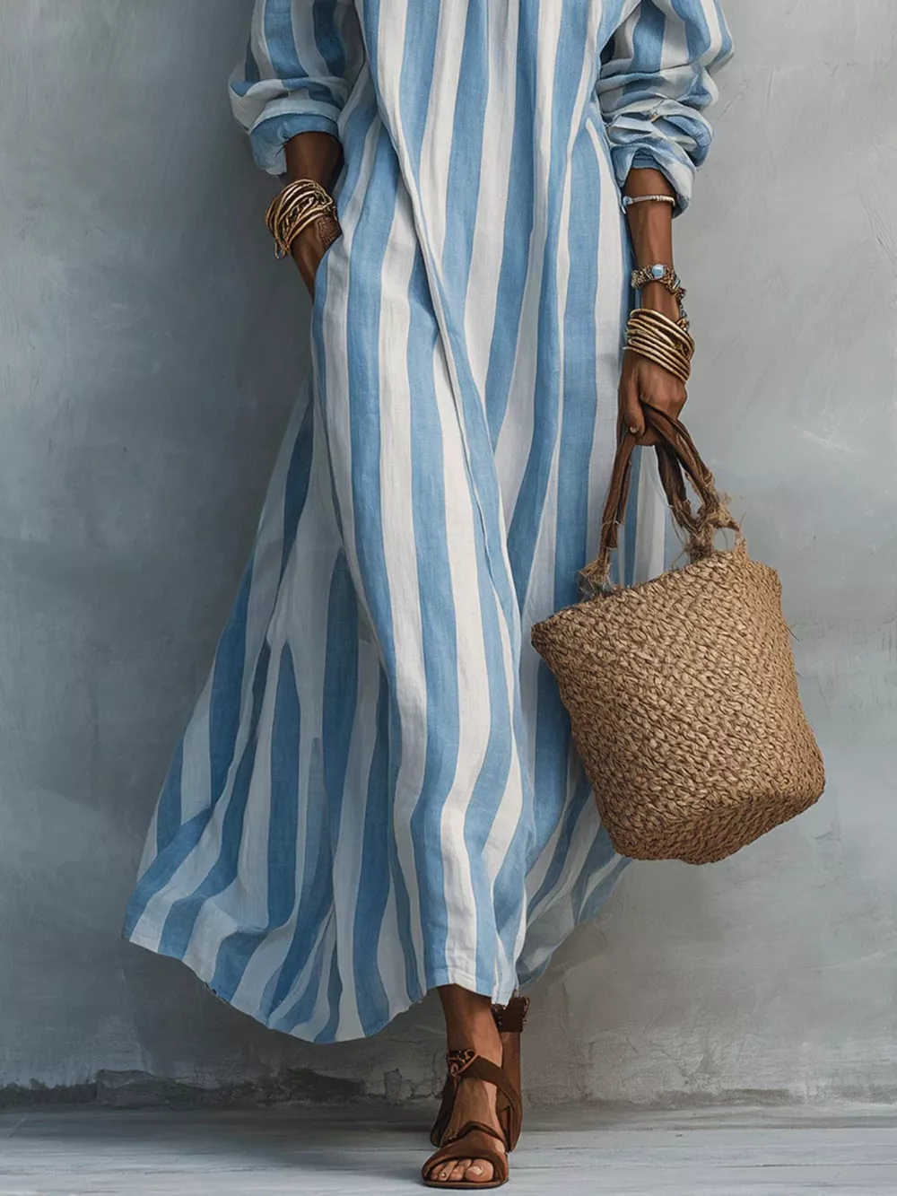 Off-Shoulder Striped Dress with Pockets, image 7