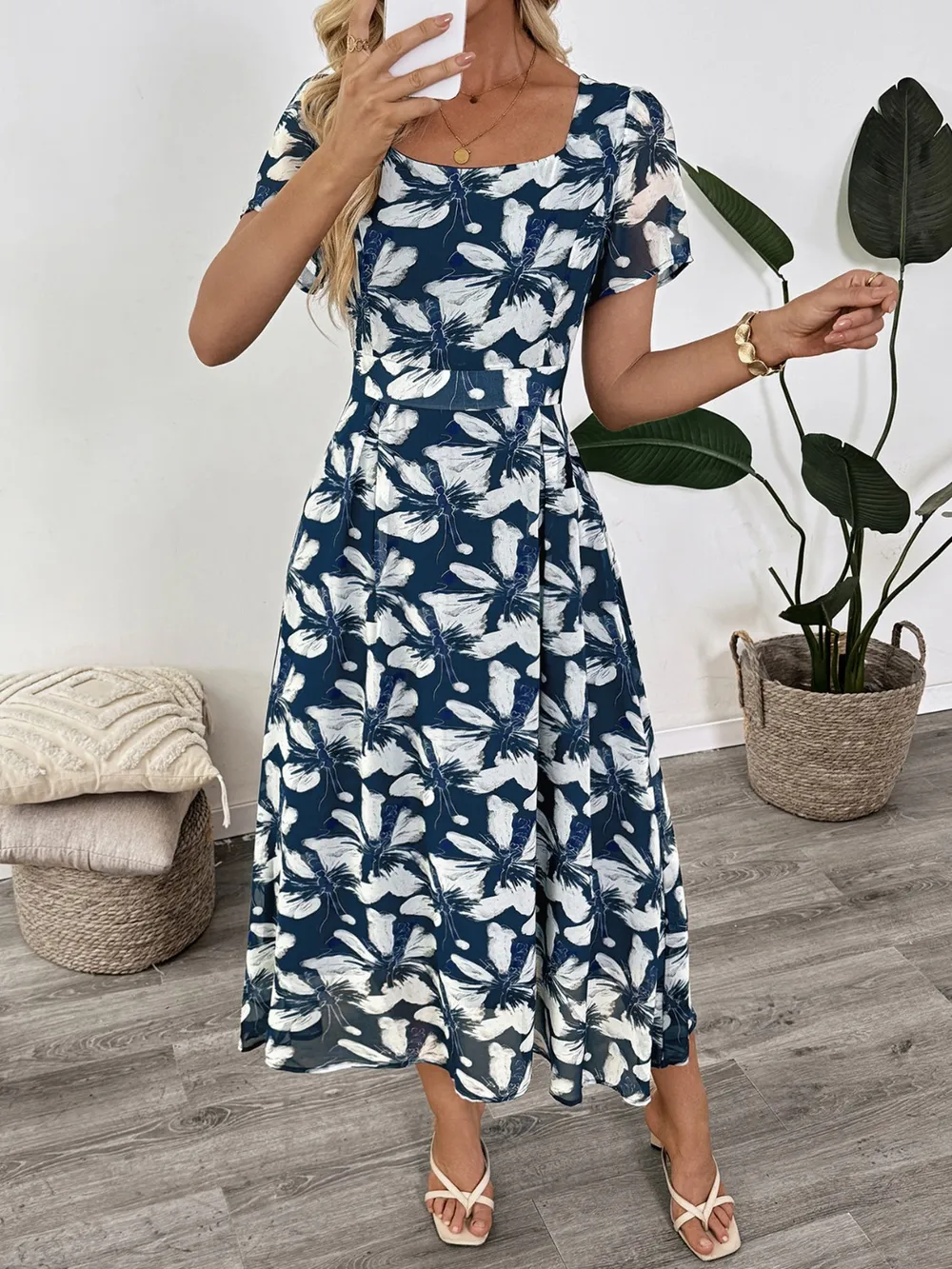Printed Square Neck Midi Dress, image 6