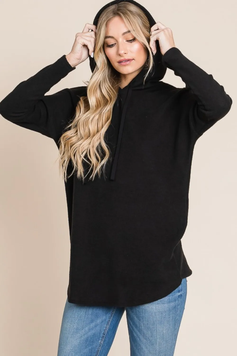 Contrast Drawstring Drop Shoulder Knit Hoodie, image 3