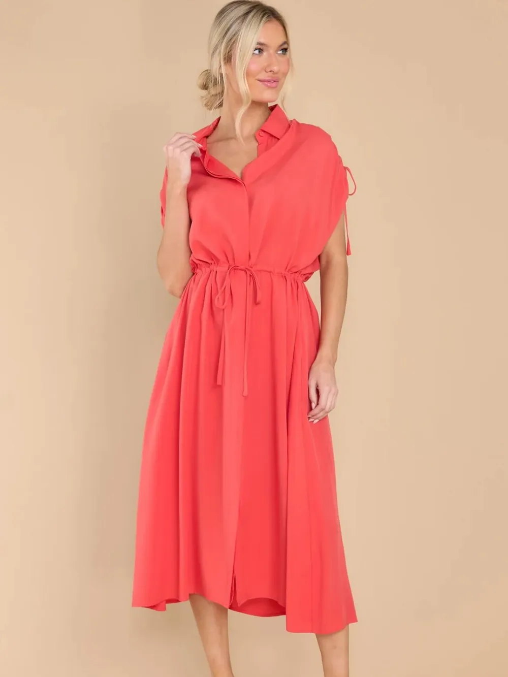 Drawstring Collared Neck Short Sleeve Midi Dress, image 5