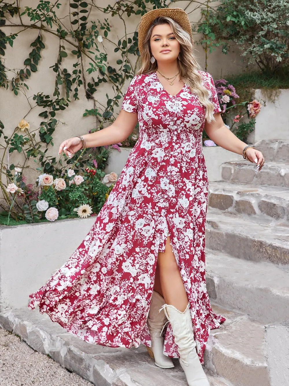 Plus Size Slit Printed V-Neck Maxi Dress, image 4