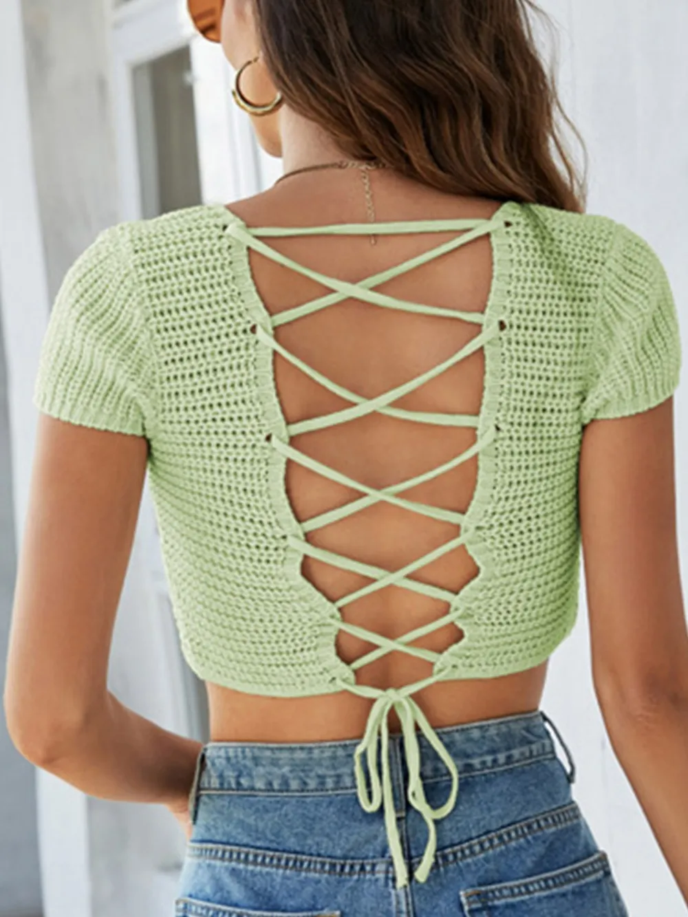 Lace-Up Openwork Square Neck Sweater, image 12