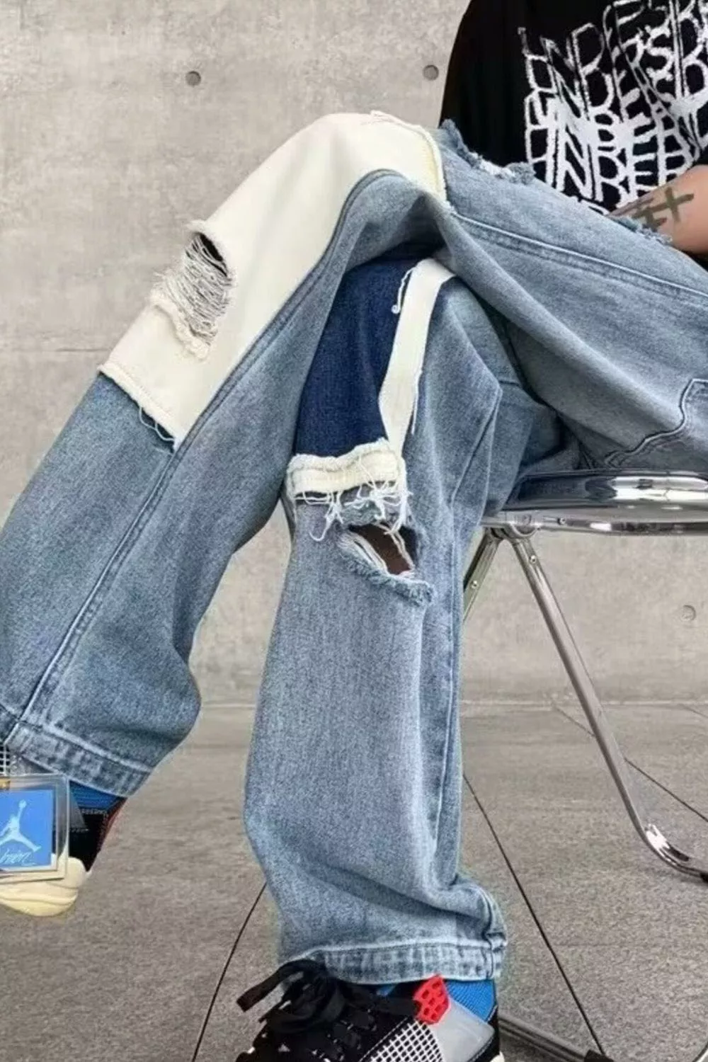 Men's Ripped Patchwork Wide Leg Jeans, image 3