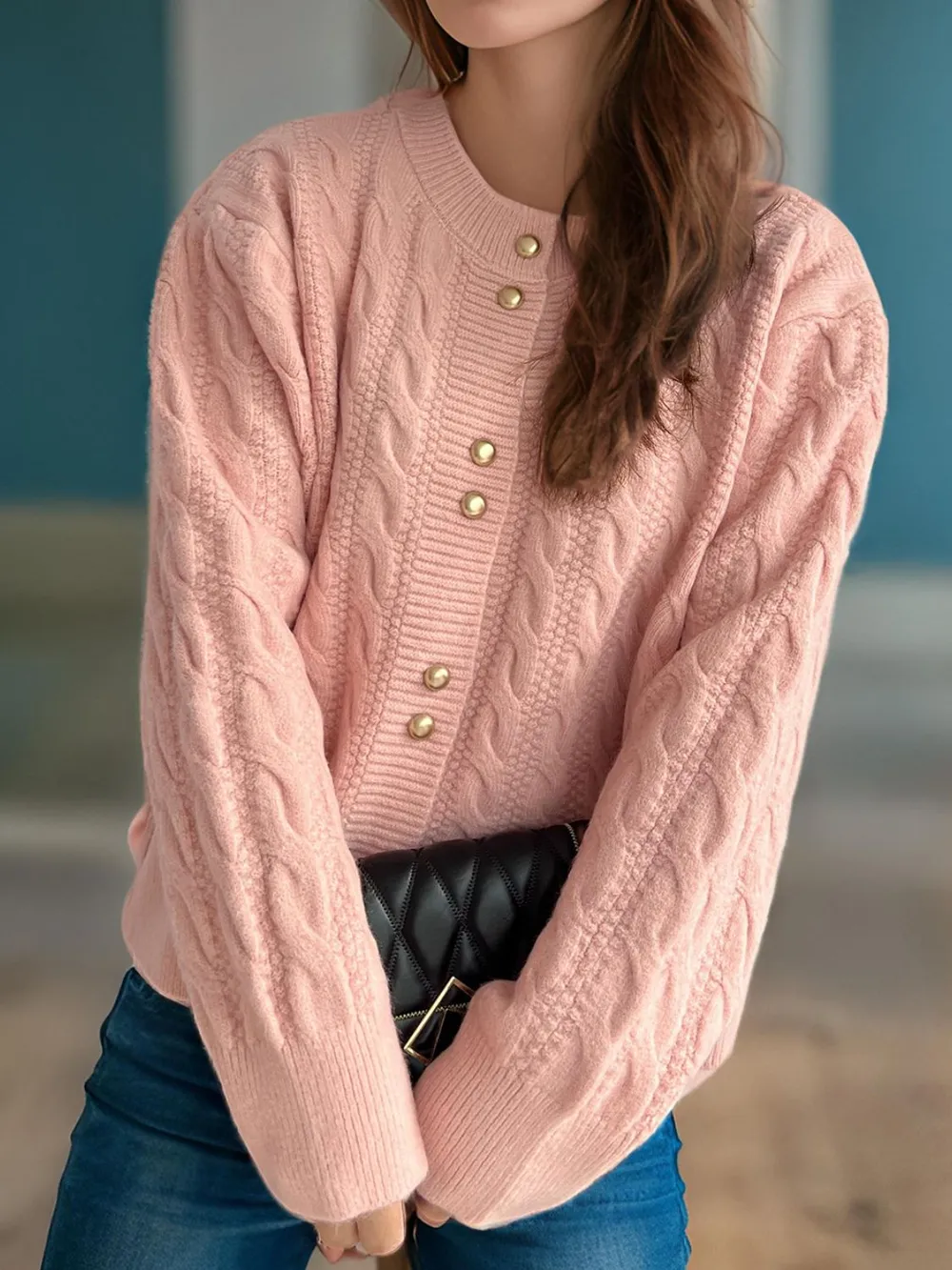 Cable-Knit Round Neck Long Sleeve Cardigan, image 9