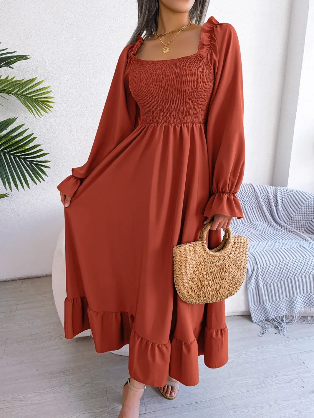 Smocked Square Neck Flounce Sleeve Dress, image 19