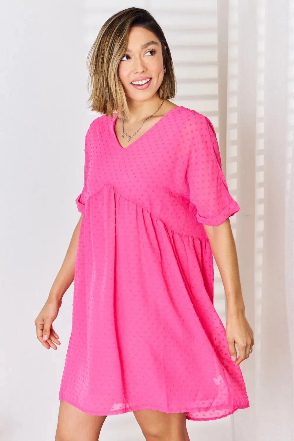 Swiss Dot Rolled Short Sleeve Babydoll Dress, image 3