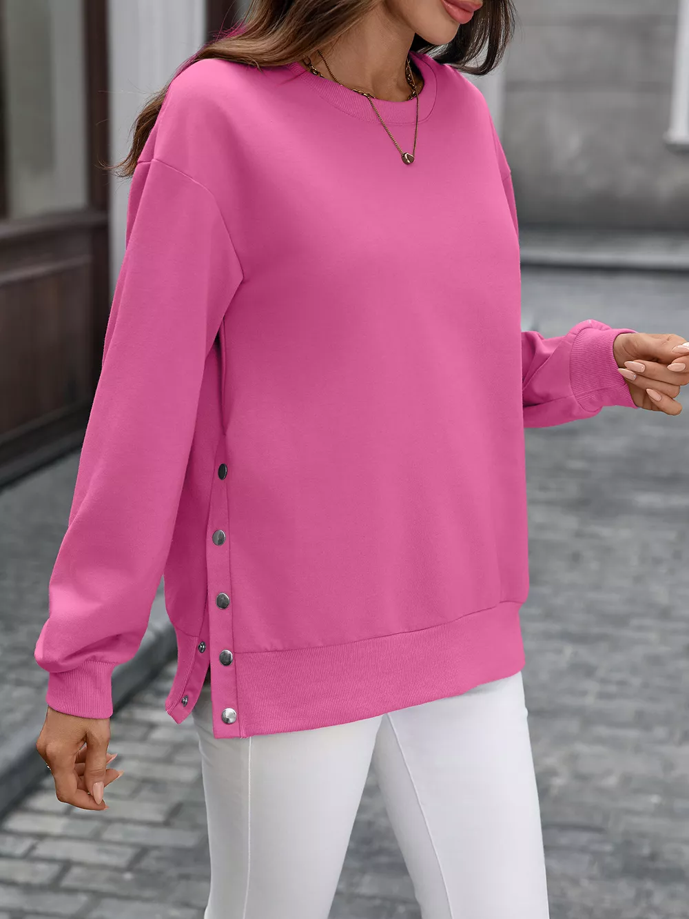 Side Snap Round Neck Sweatshirt, image 12