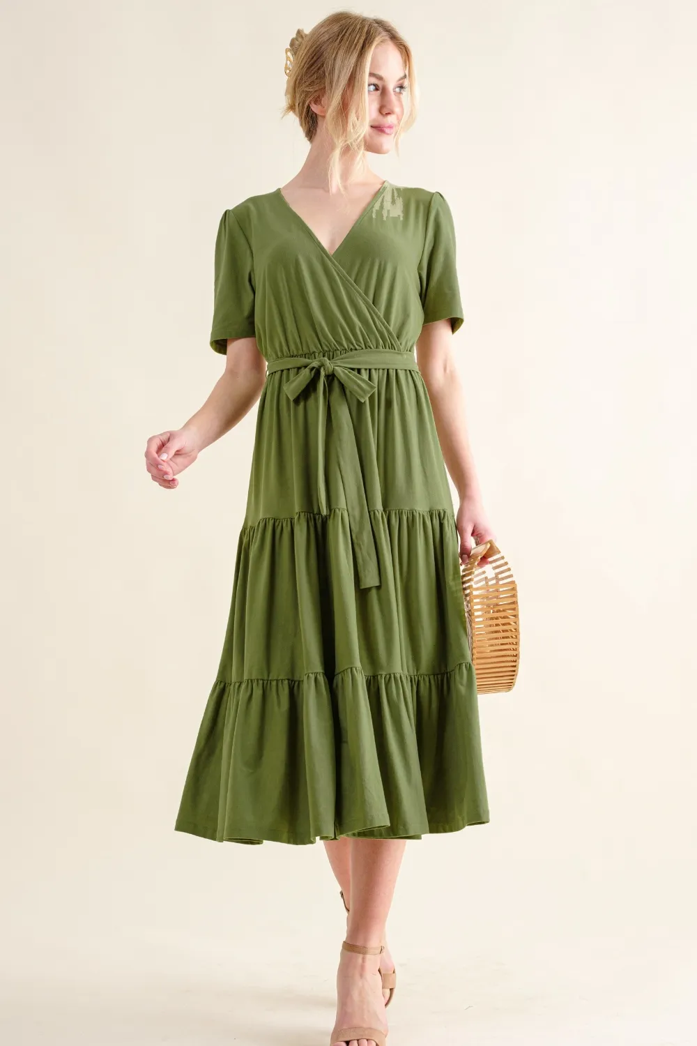 Soft Short Sleeve Tiered Midi Dress, image 4