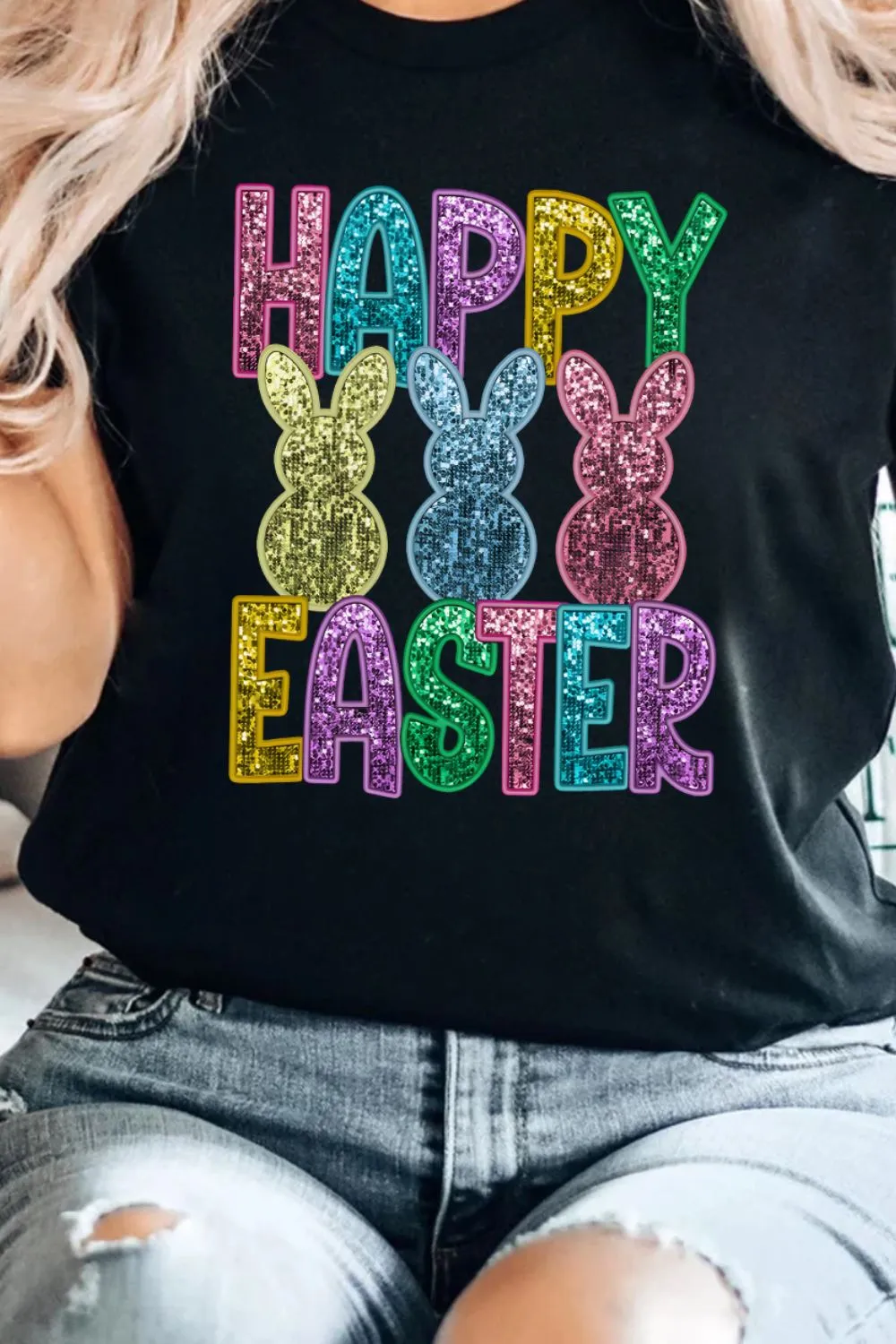 HAPPY EASTER Sequin Bunny Round Neck T-Shirt, image 2