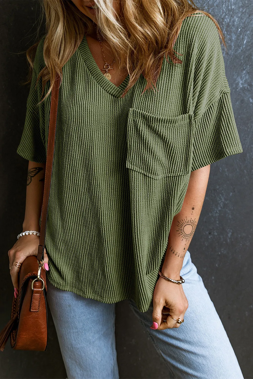 Textured V-Neck Dropped Shoulder T-Shirt, image 17