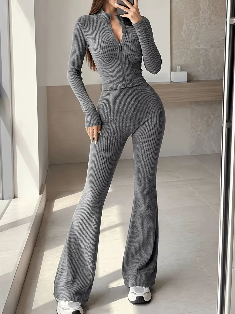 Ribbed Zip-Up Cardigan and Pants Knit Set, image 10