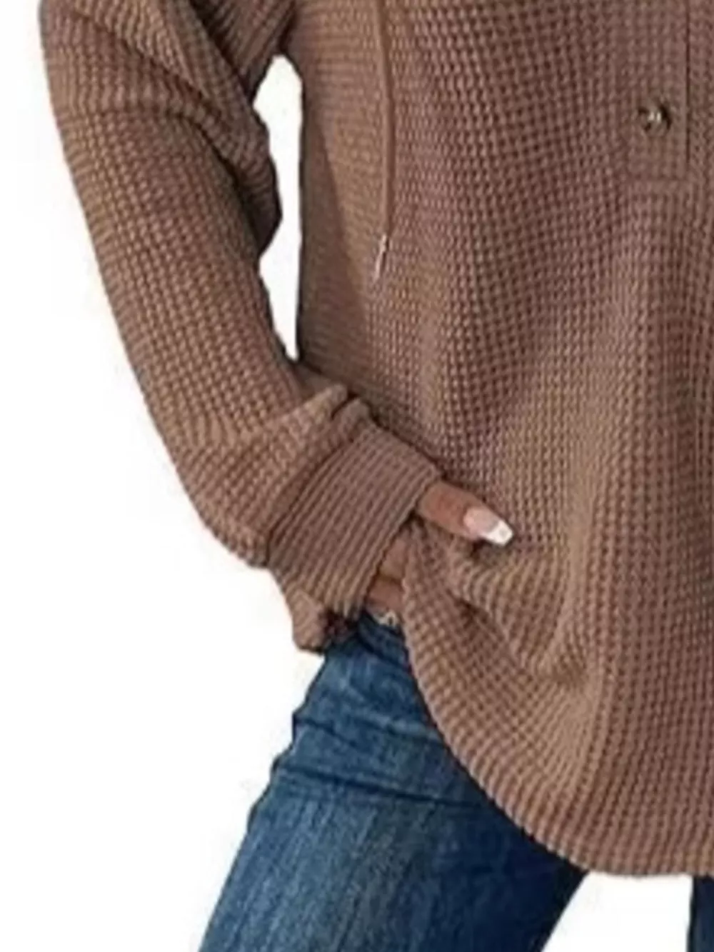 Full Size Button Detail Waffle Knit Hoodie Plus Size, image 16