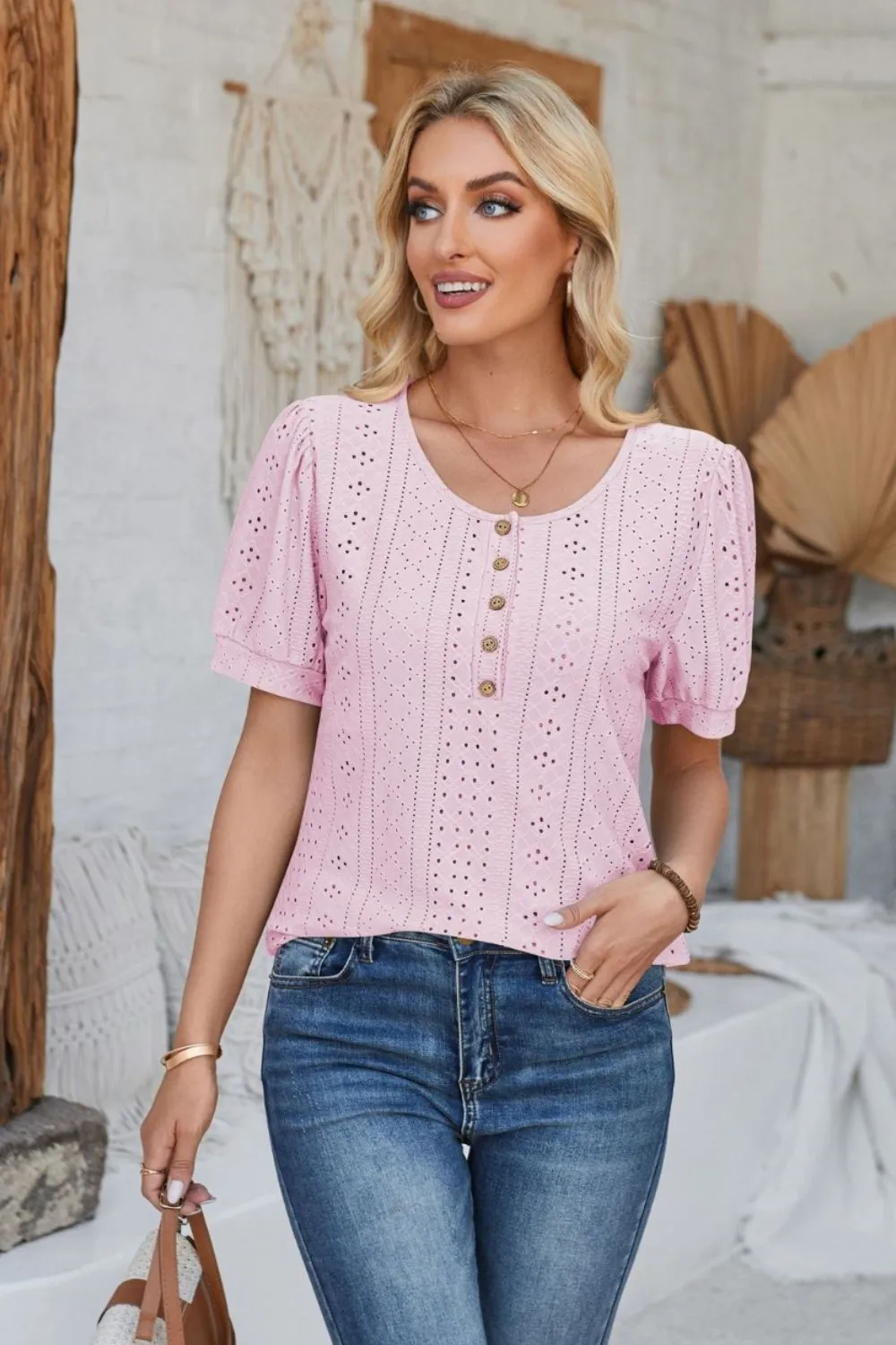 Eyelet Round Neck Short Sleeve Blouse, image 15