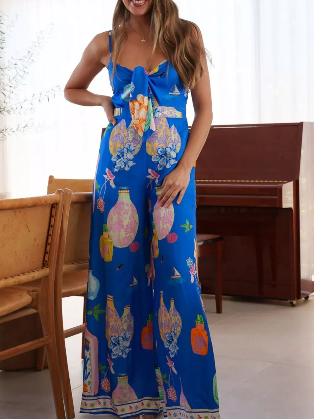 Printed Tie-Front Wide Leg Jumpsuit, image 12
