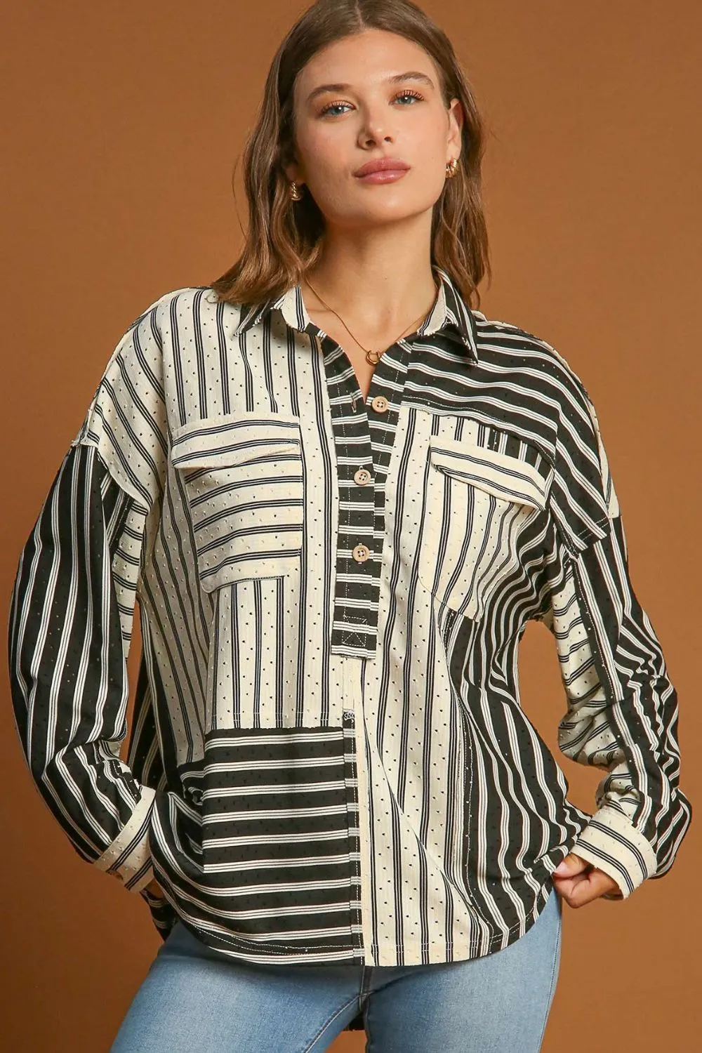 Full Size Pointelle Stripped Half Button Collared Neck Top Plus Size, image 2