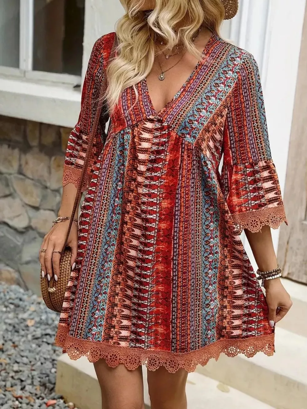 Printed V-Neck A-Line Dress, image 5