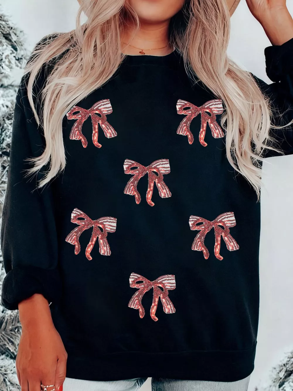 Christmas Sequin Ribbon Bow Drop Shoulder Sweatshirt, image 2