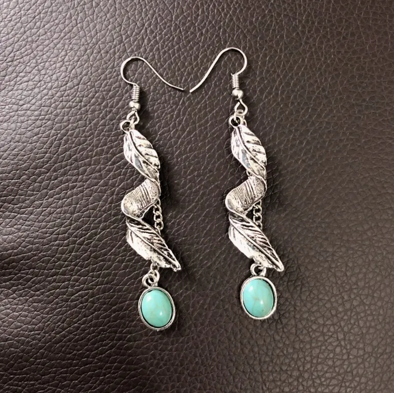 Alloy Leaf Artificial Turquoise Earrings, image 5