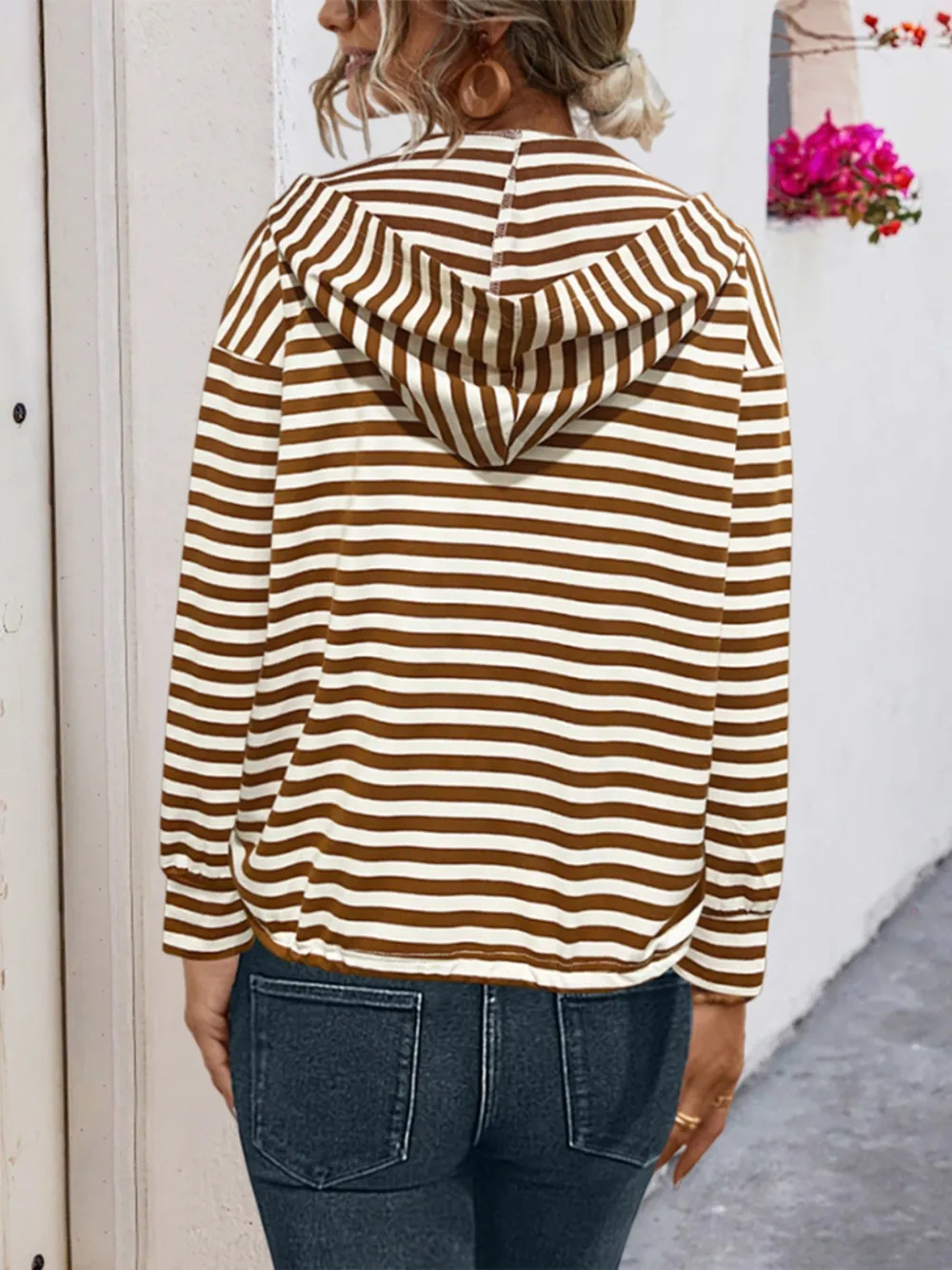 Drawstring Striped Long Sleeve Hoodie, image 5