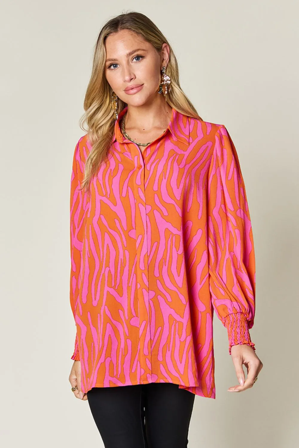 Full Size Printed Smocked Long Sleeve Blouse Plus Size, image 26