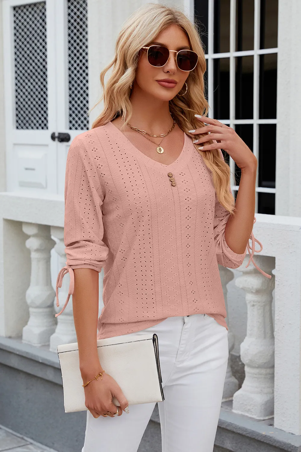 Eyelet Drawstring V-Neck Half Sleeve T-Shirt, image 11