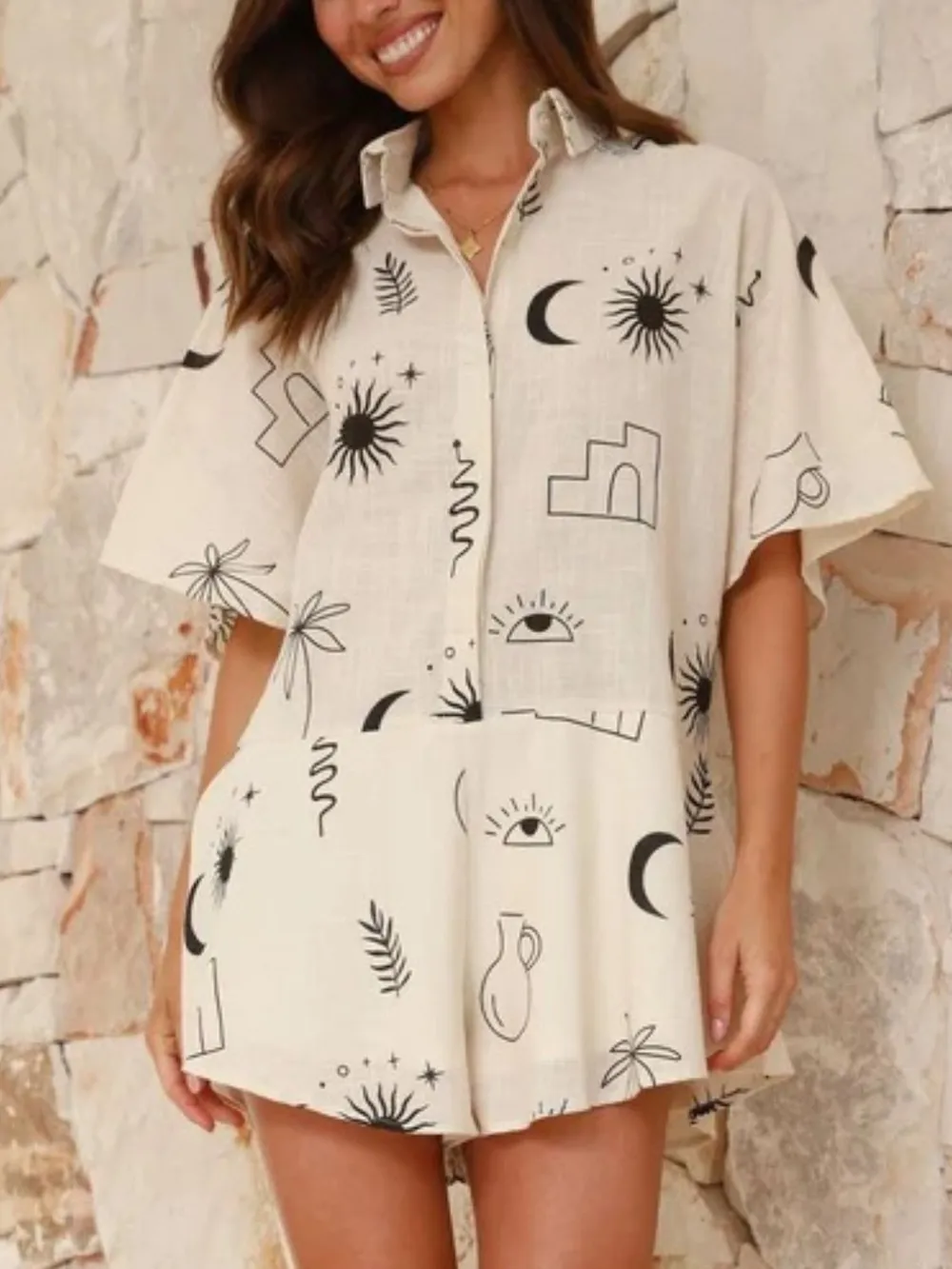 Printed Collared Neck Half Sleeve Romper, image 4