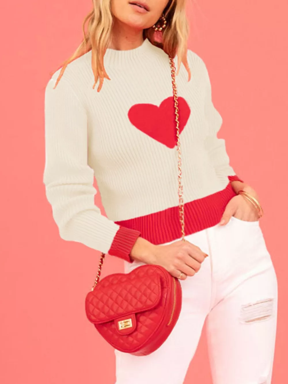 Color-Block Heart Pattern Ribbed Knit Sweater, image 9