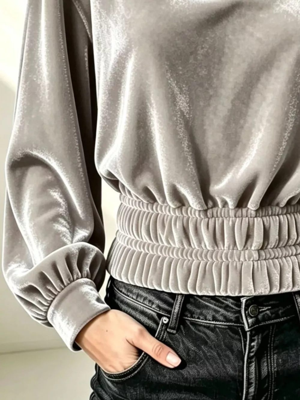Velvet Johnny Collar Long Sleeve Blouse, image 10