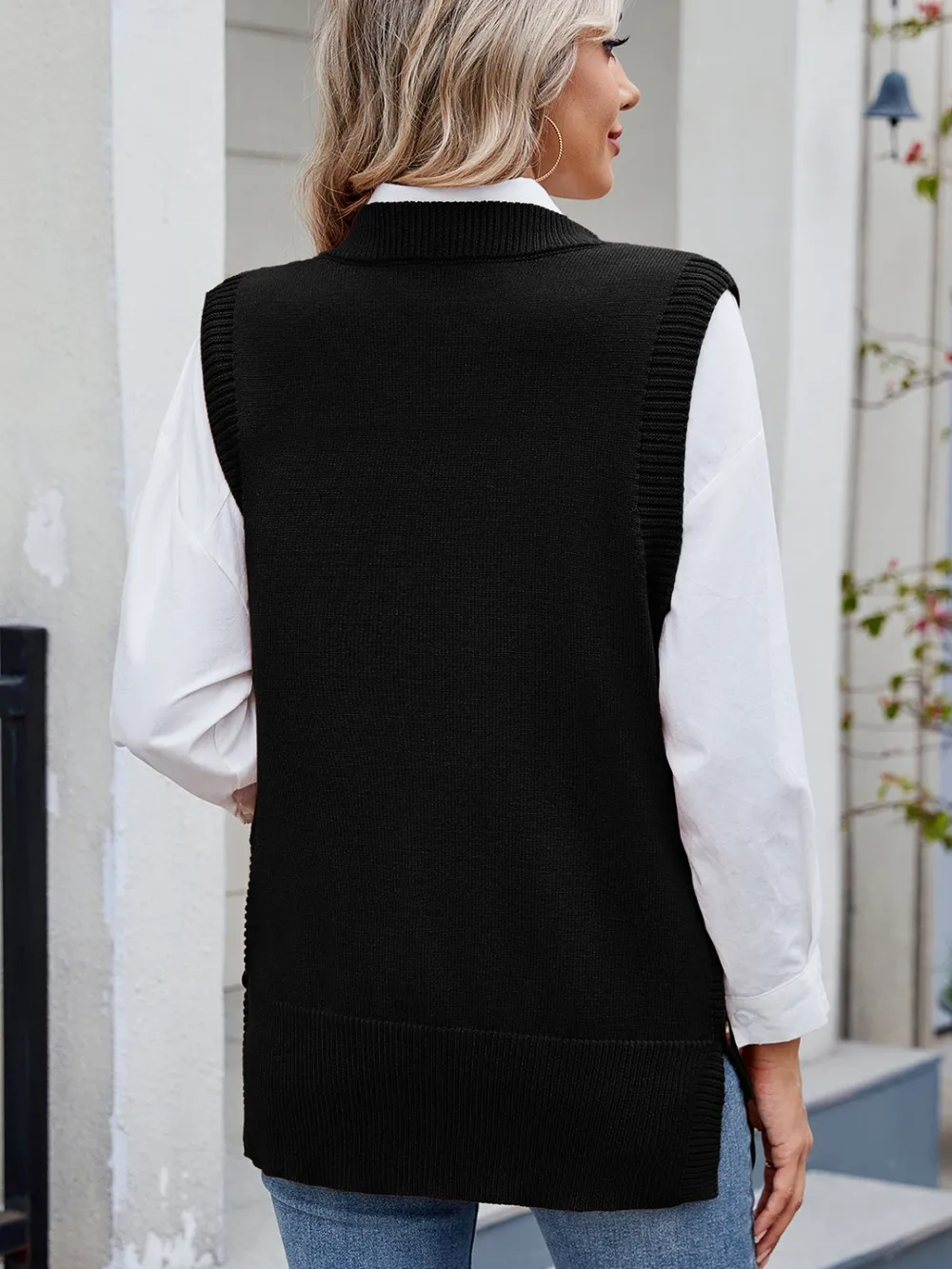 Buttoned Round Neck Sweater Vest, image 21