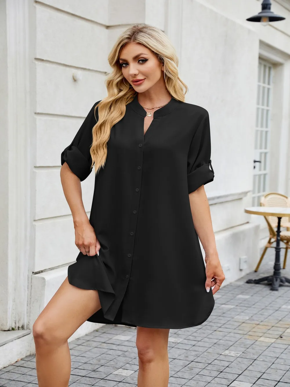 Notched Long Sleeve Mini Shirt Dress, image 8