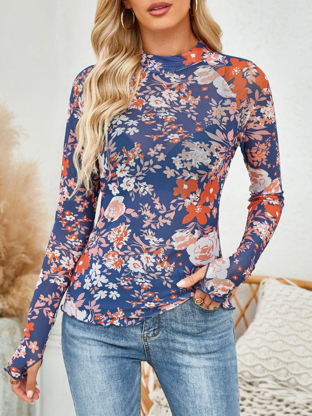 Floral Mock Neck Long Sleeve Top, image 17