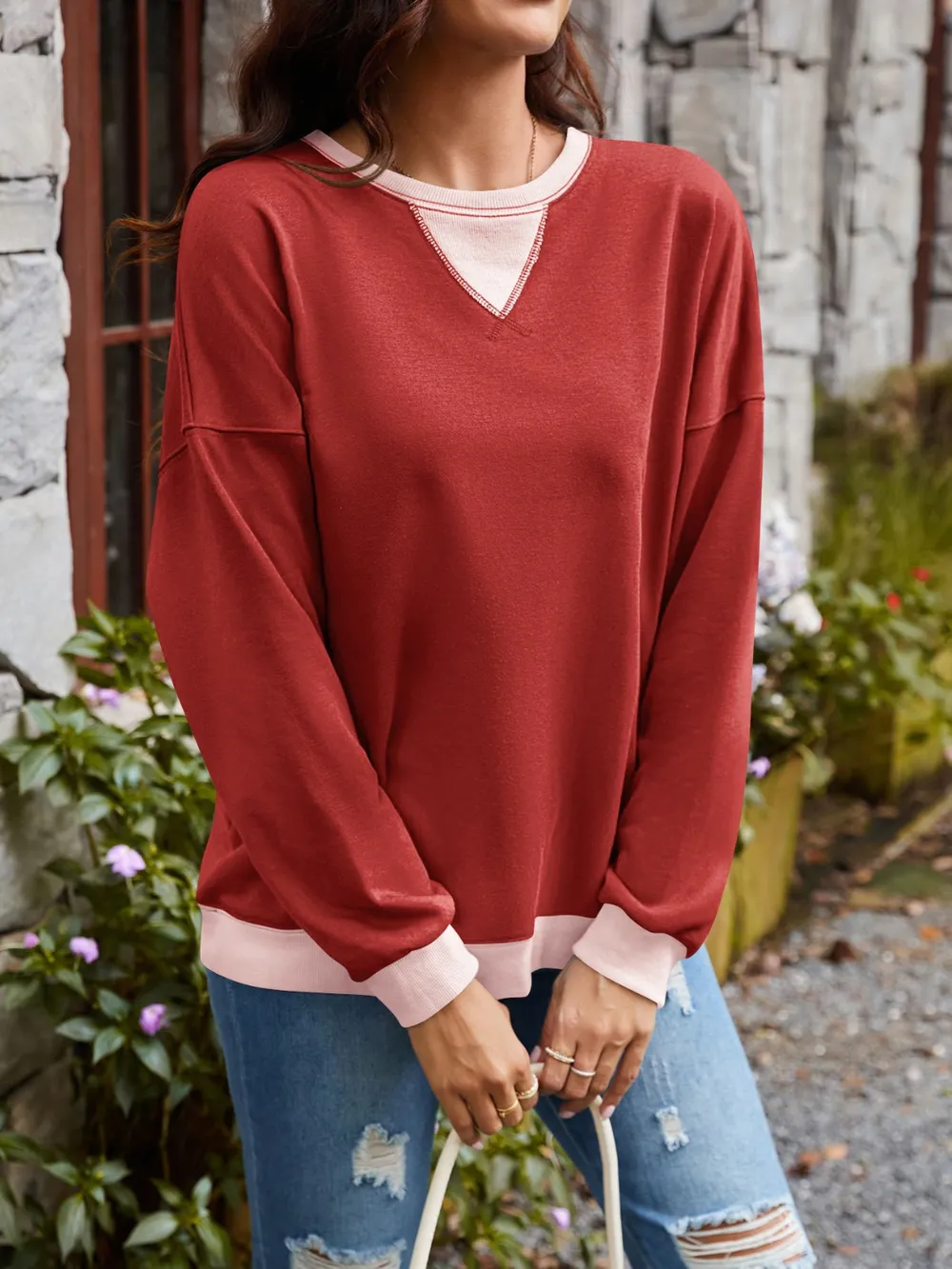 Contrast Round Neck Long Sleeve Sweatshirt, image 30