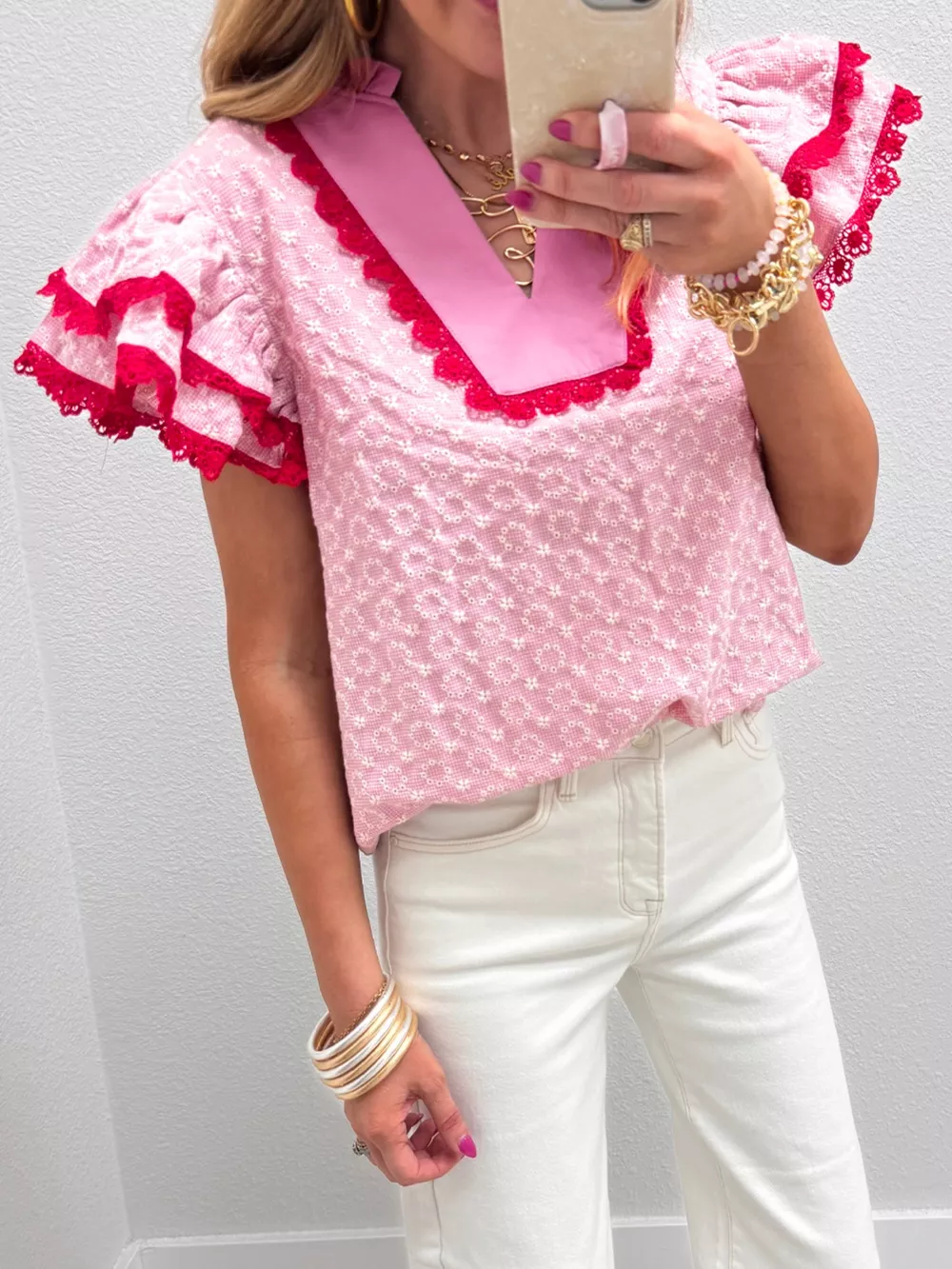 Eyelet Embroidered Flower Texture Contrast Lace Trim Flutter Sleeve Blouse, image 2