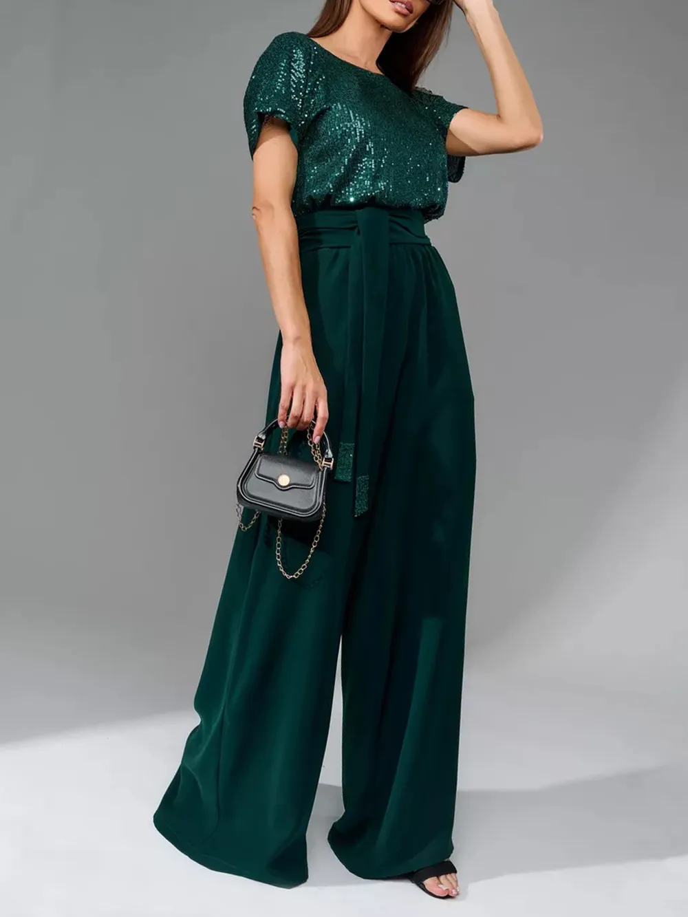Full Size Sequin Round Neck Short Sleeve Wide Leg Jumpsuit, image 6