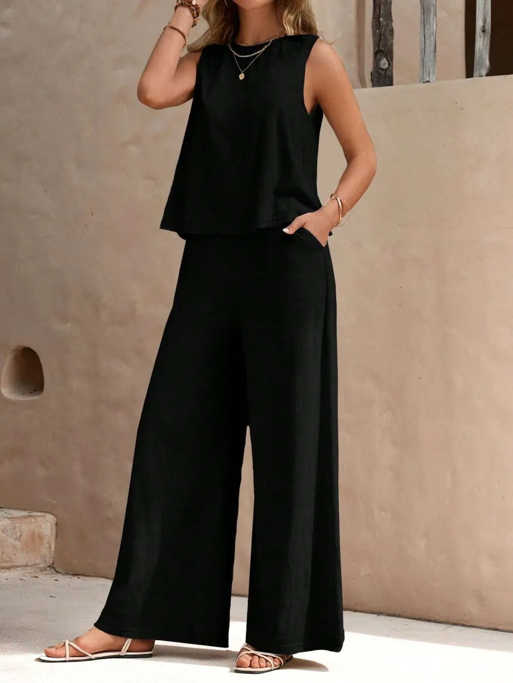 Round Neck Sleeveless Top and Wide Leg Pants Set, image 9