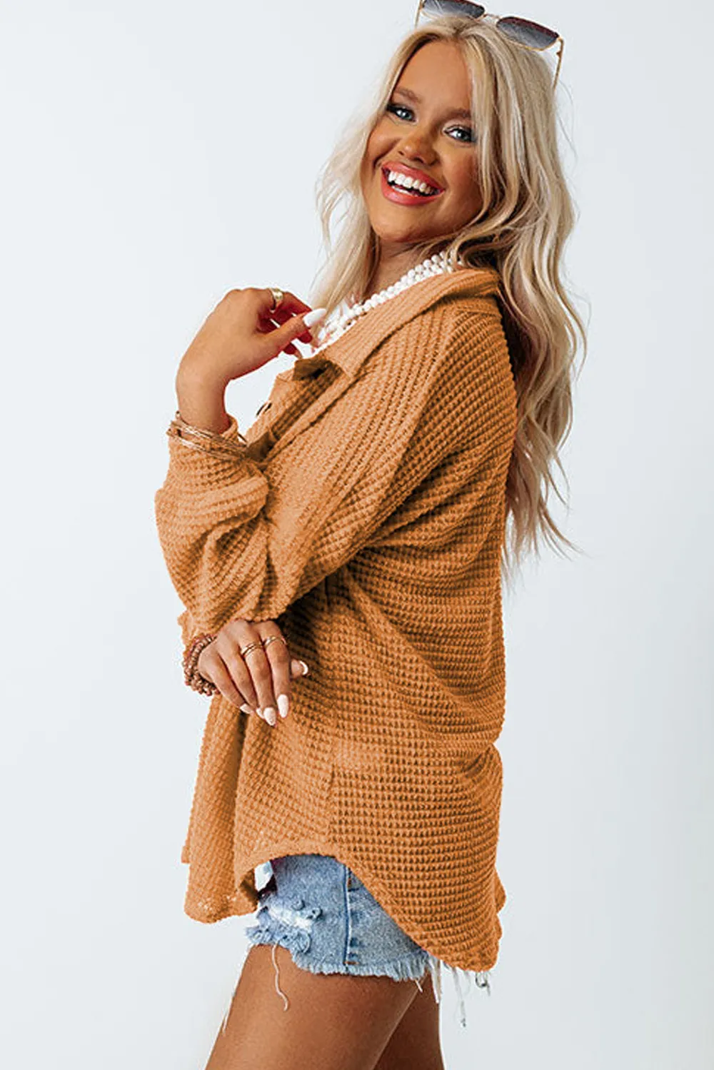 Waffle-Knit Collared Neck Long Sleeve Shirt, image 27