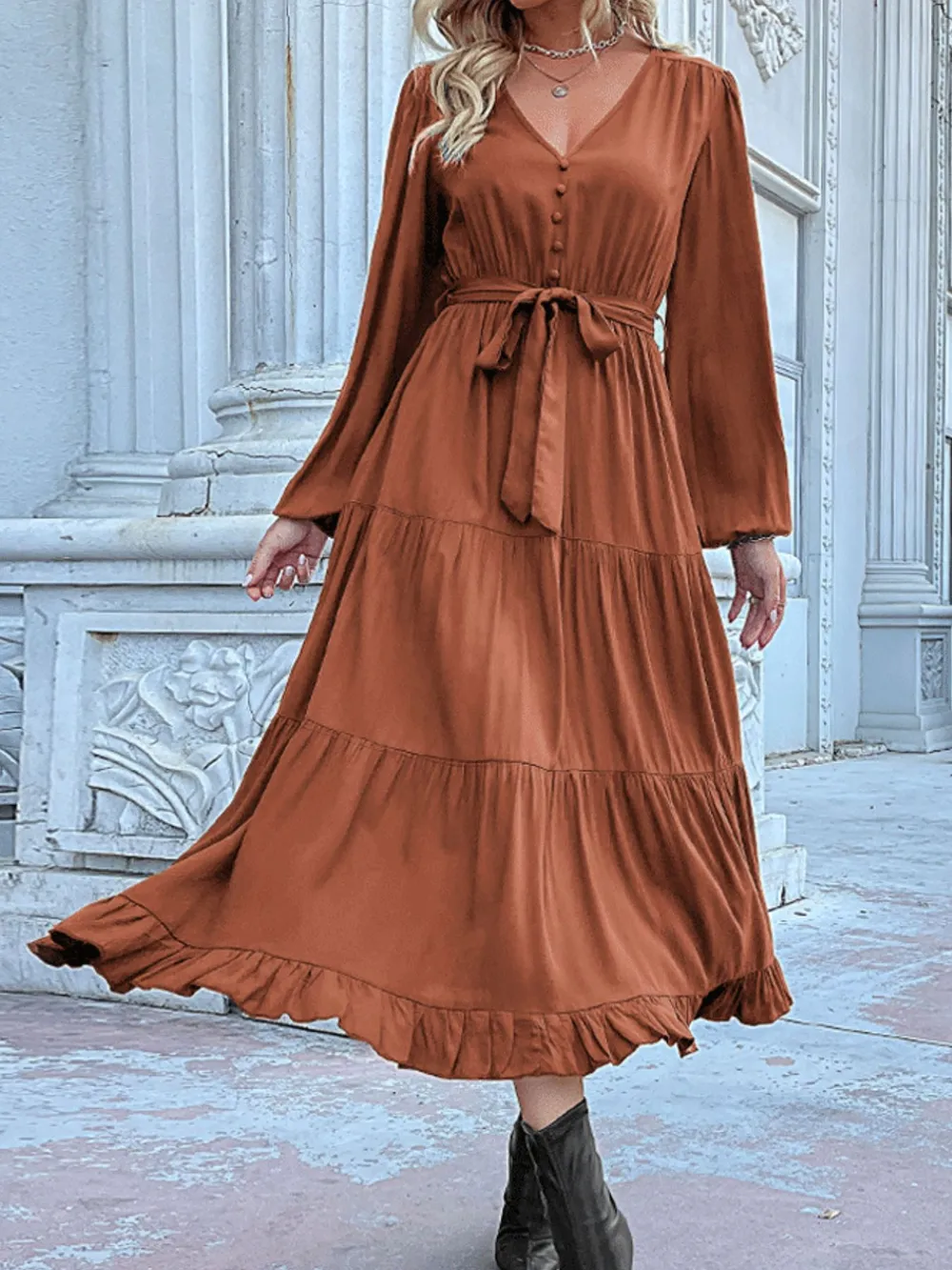 Ruffled Hem V-Neck Balloon Sleeve Dress, image 18