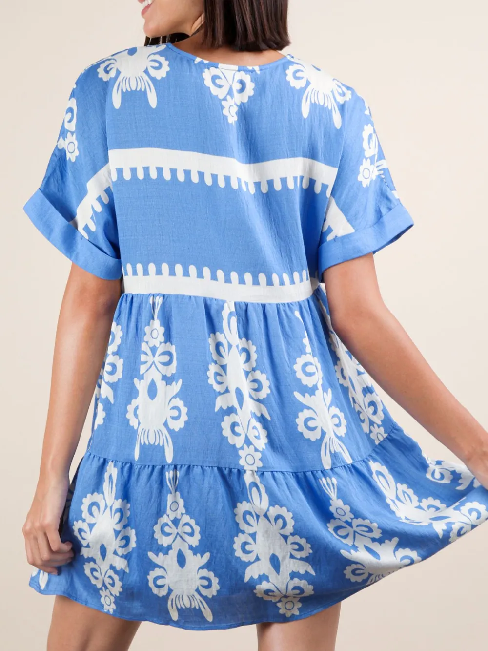 Printed V-Neck Short Sleeve Mini Dress, image 19