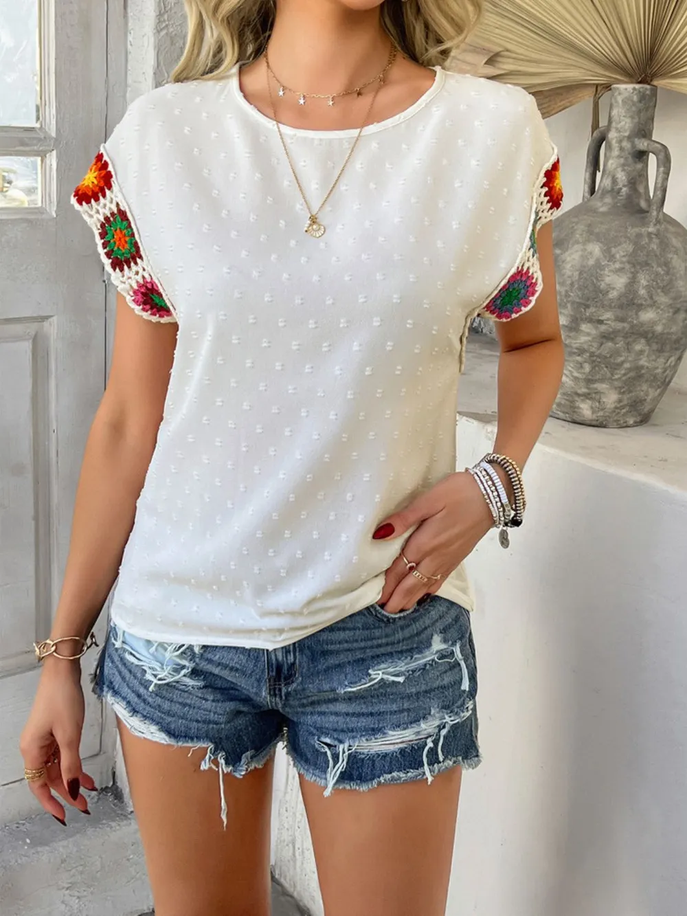Swiss Dot Round Neck Crochet Short Sleeve Top, image 2