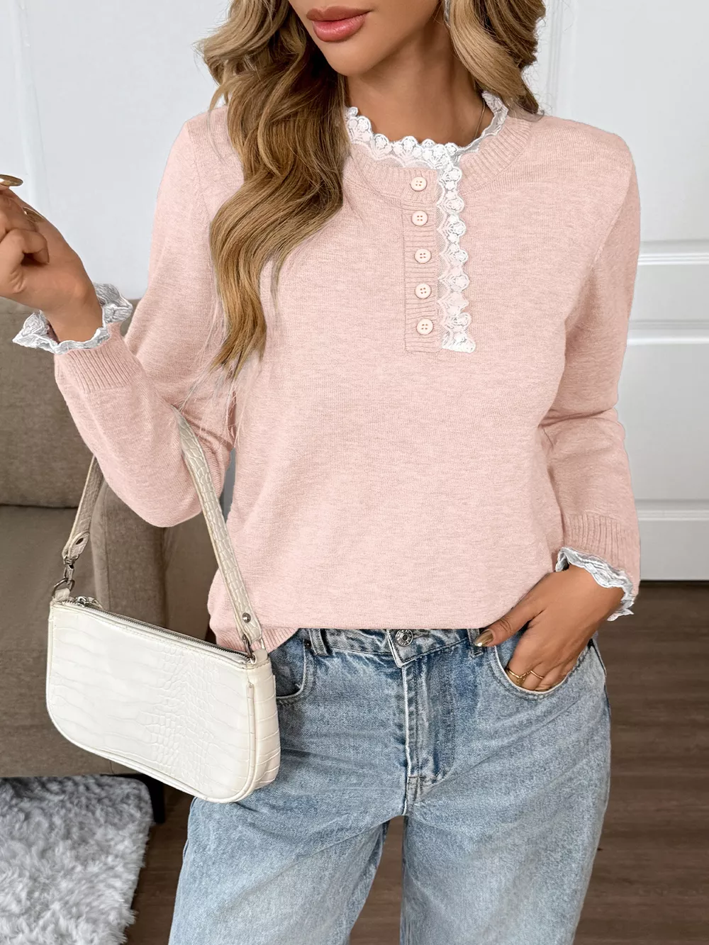 Lace Trim Button Detail Sweater, image 18