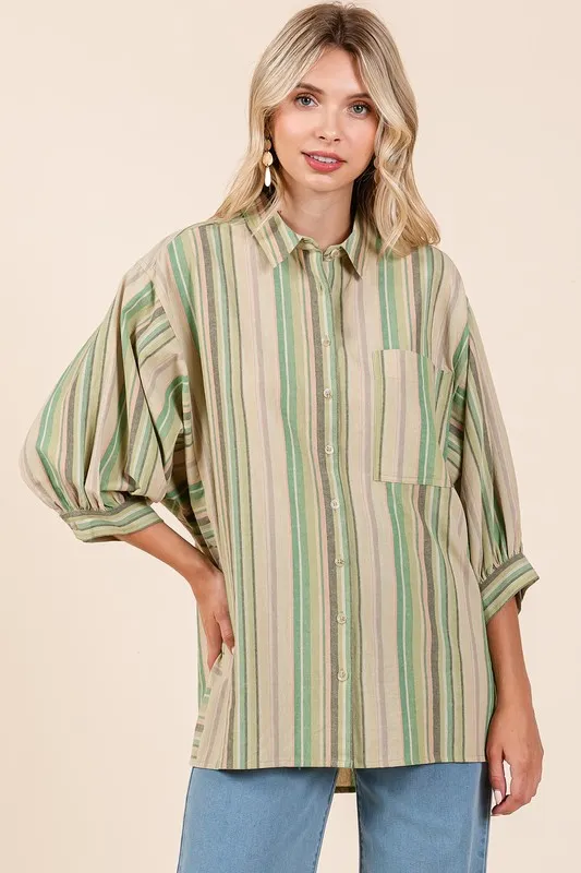 Striped Bubble Sleeve Button Down Shirt, image 4