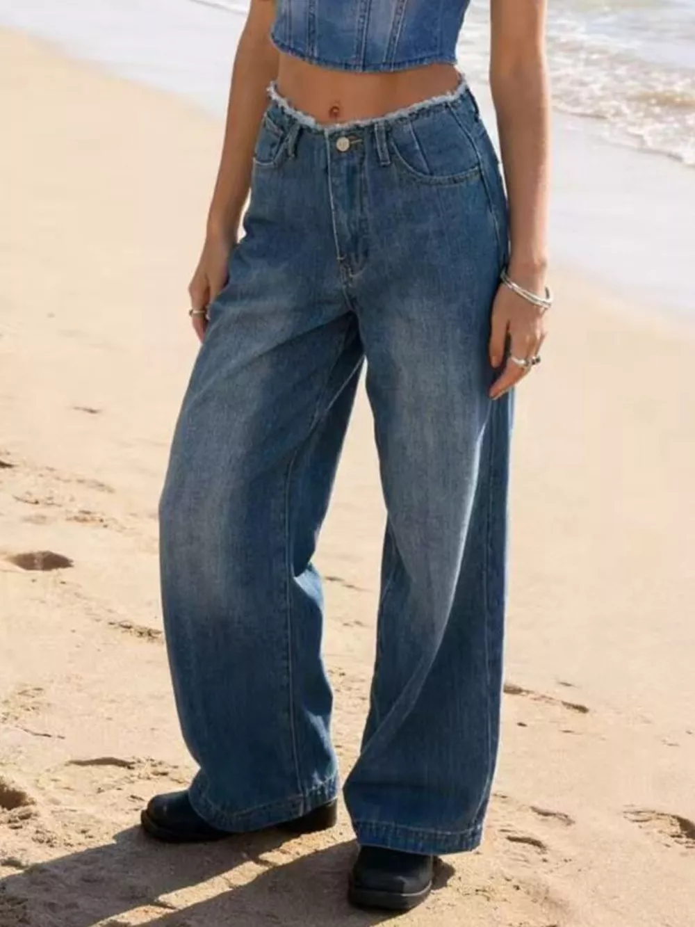 Frayed Hem Wide Leg Jeans