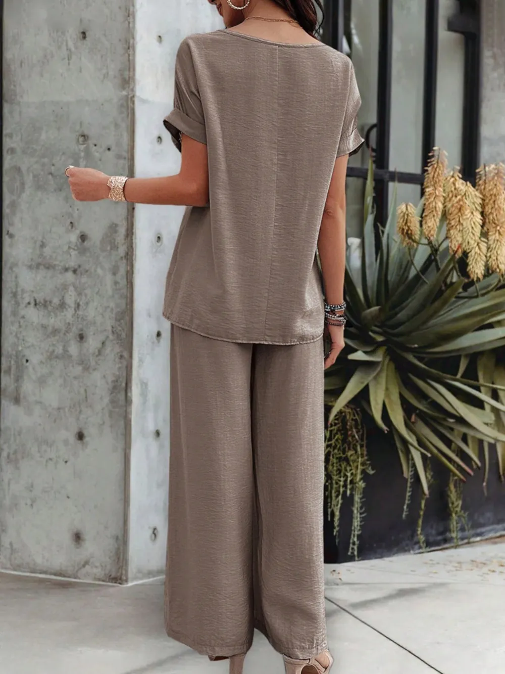 Round Neck Short Sleeve Top and Pants Set, image 12