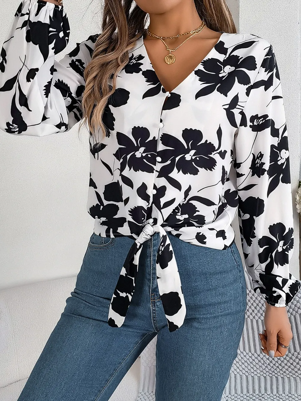Printed V-Neck Long Sleeve Blouse, image 6
