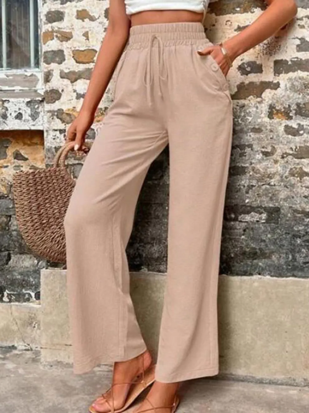 Tied High Waist Wide Leg Pants with Pockets, image 9
