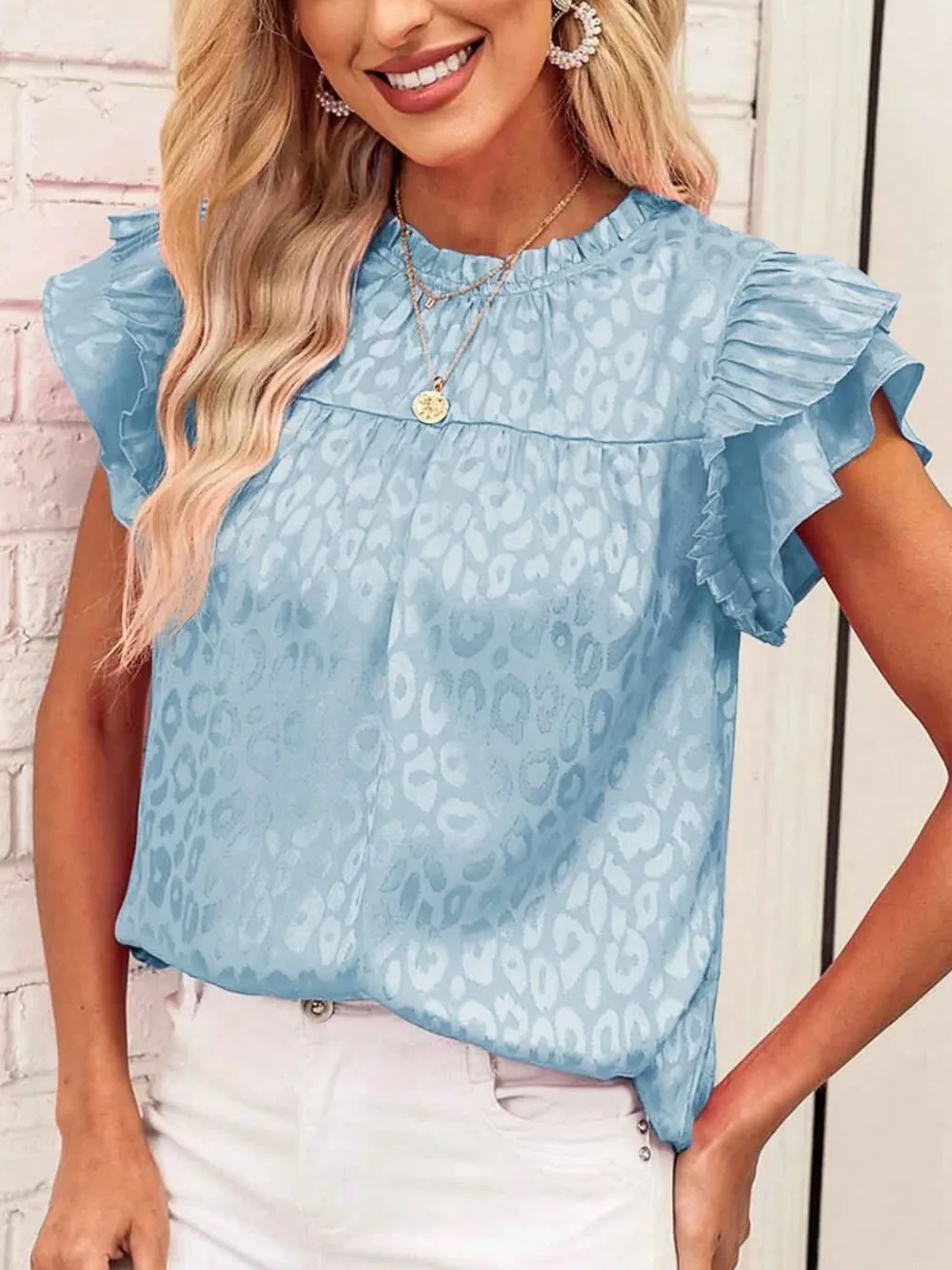 Leopard Frill Mock Neck Ruffled Cap Sleeve Top, image 9