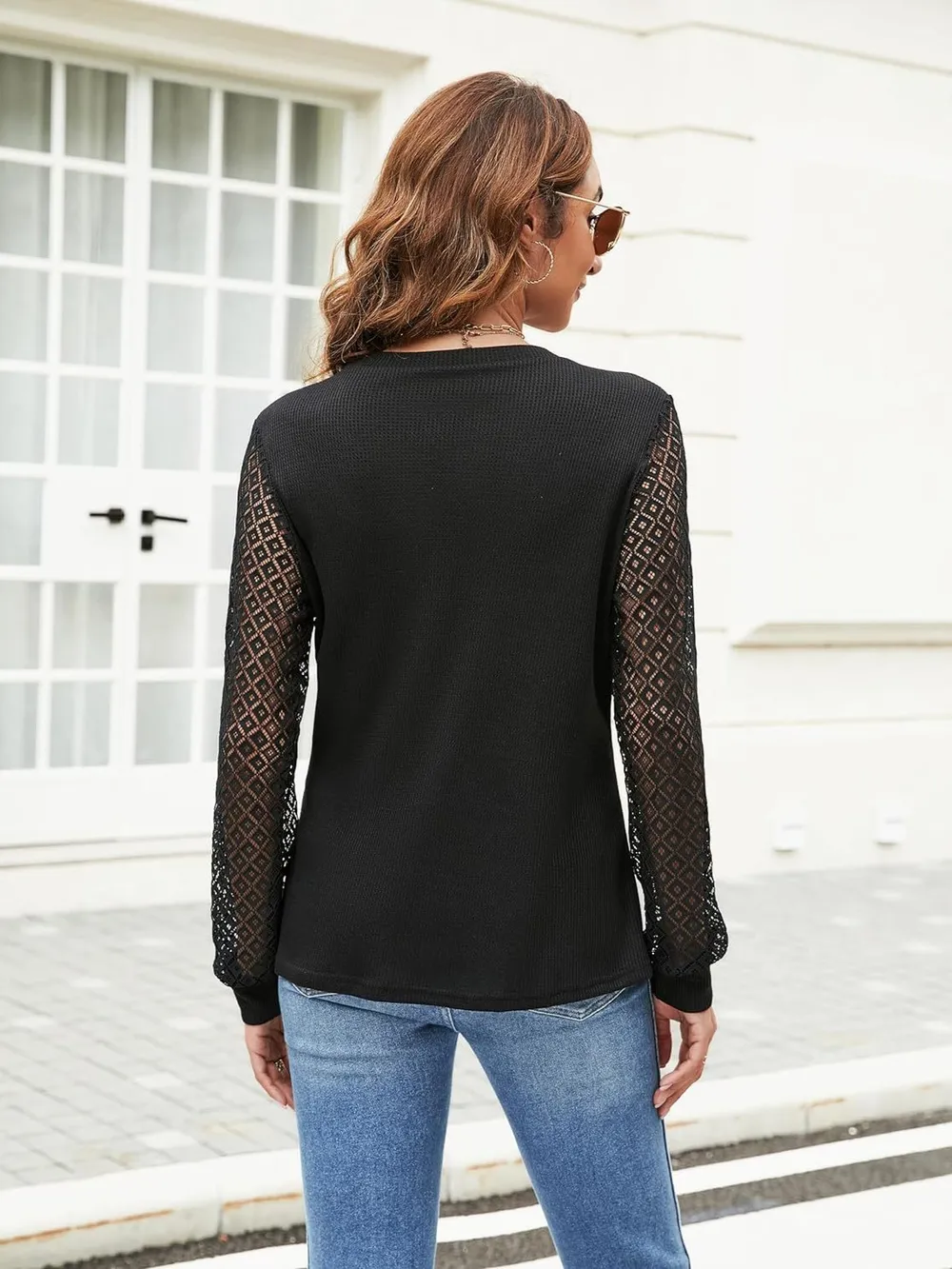 Waffle-Knit Round Neck Long Sleeve Blouse, image 2