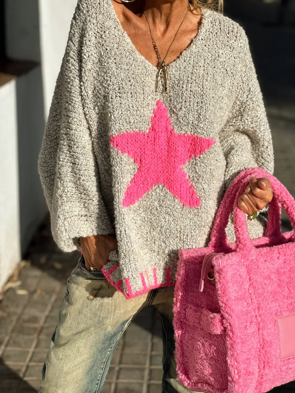 Star V-Neck Long Sleeve Oversize Sweater, image 11