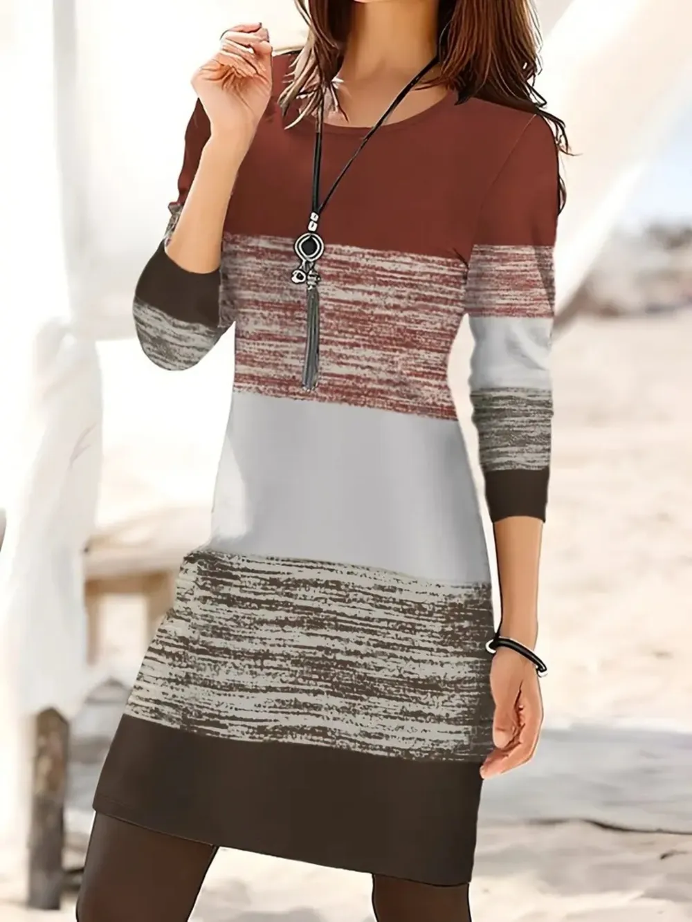 Color Block Round Neck Long Sleeve Dress, image 2