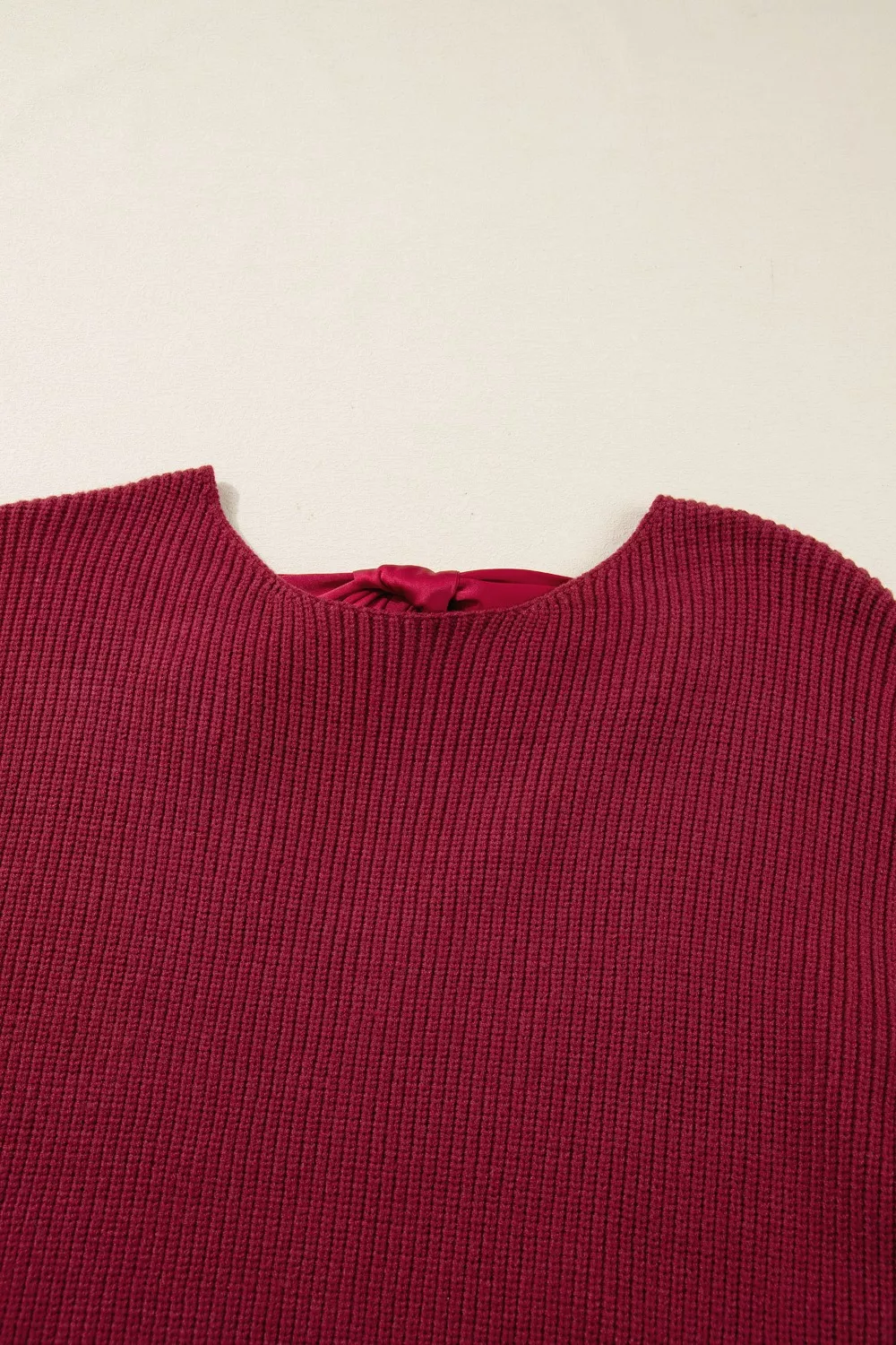 Ribbed Knit Ribbon Knot Backless Drop Shoulder Sweater, image 5